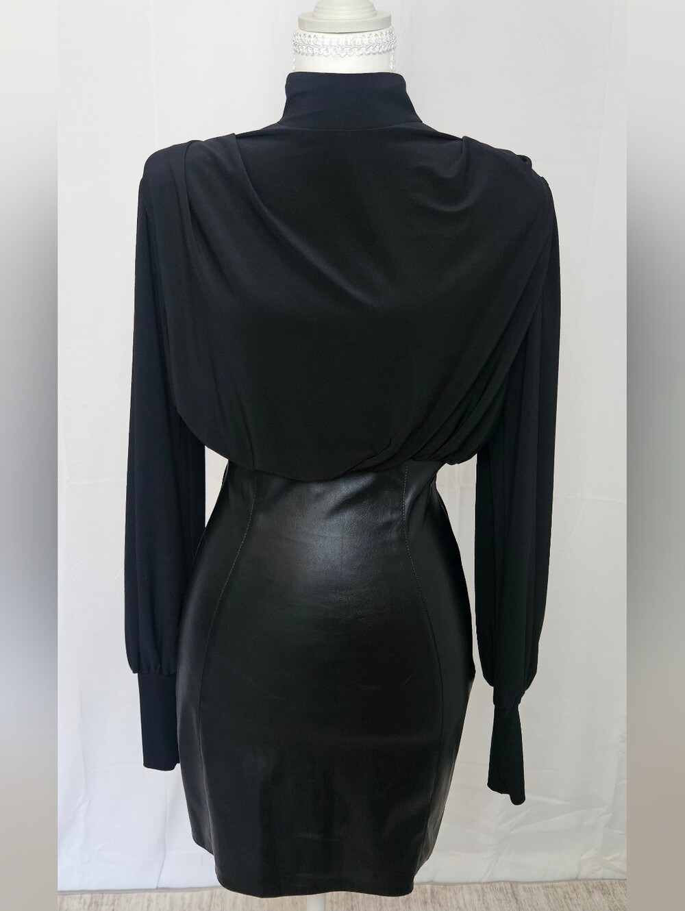 ASOS DESIGN Black Leather Look Hybrid Mock Neck Mini Dress SZ 4 - Picture 2 of 10
